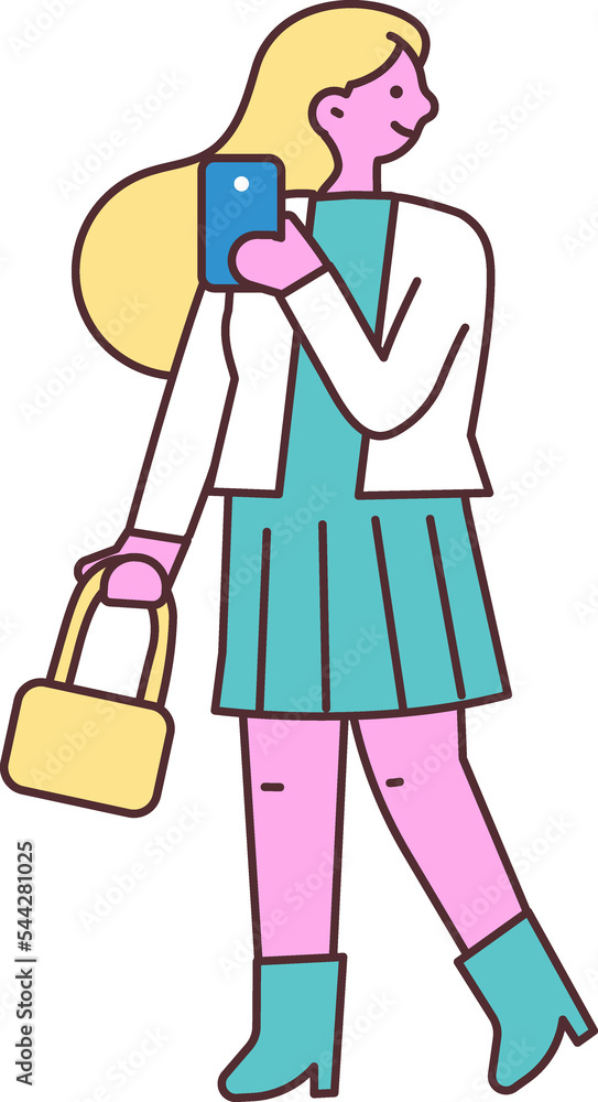 Cartoon hand drawn line art people using phone Cartoon hand drawn line art people using phone