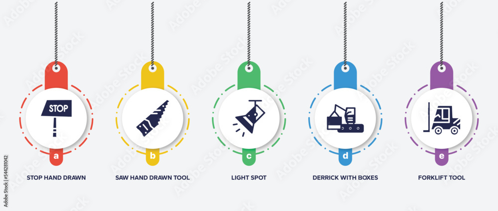 infographic element template with construction filled icons such as stop hand drawn, saw hand drawn tool, light spot, derrick with boxes, forklift tool vector. infographic element template with construction filled icons such as stop hand drawn, saw hand drawn tool, light spot, derrick with boxes, forklift tool vector.