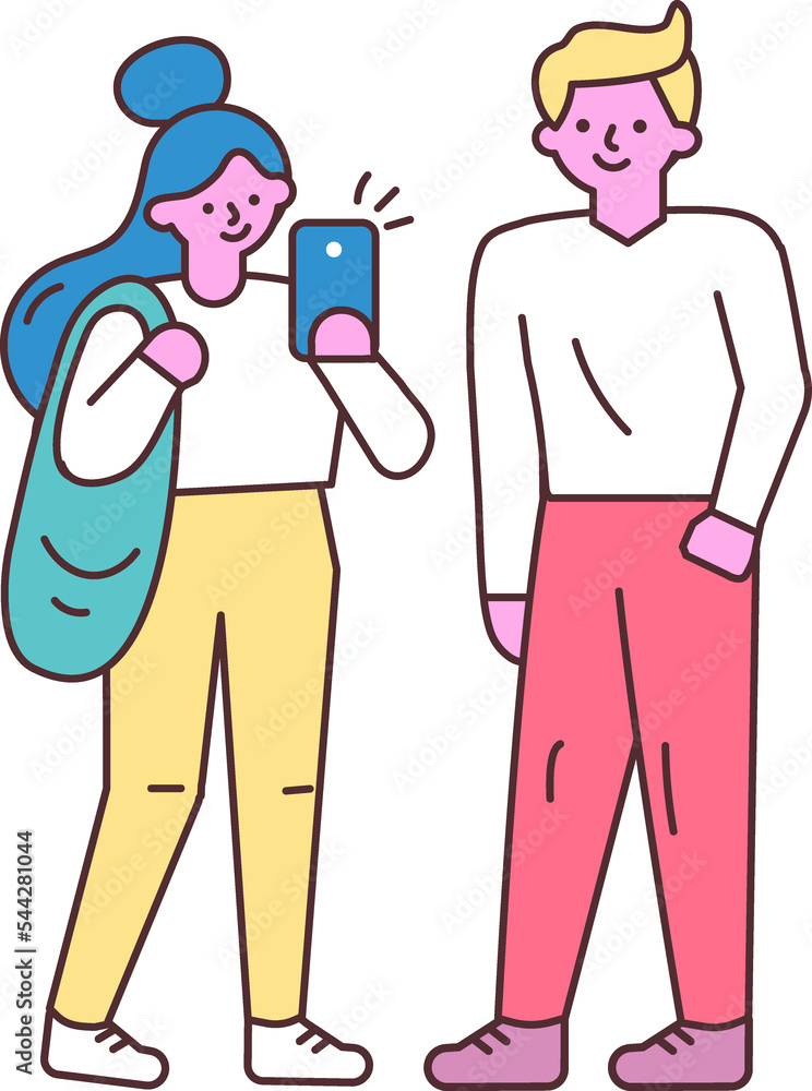 Cartoon hand drawn line art people using phone Cartoon hand drawn line art people using phone