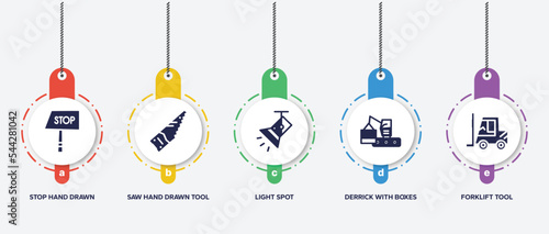 infographic element template with construction filled icons such as stop hand drawn, saw hand drawn tool, light spot, derrick with boxes, forklift tool vector.