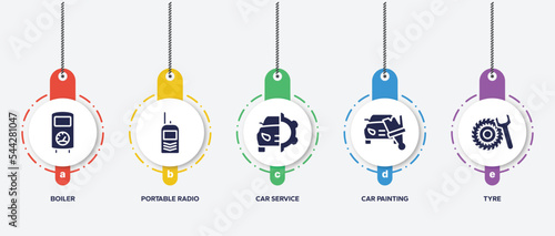 infographic element template with car repair filled icons such as boiler, portable radio, car service, car painting, tyre vector.