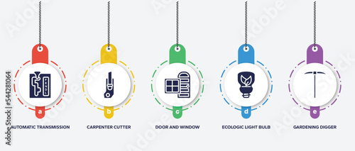 infographic element template with toolbox filled icons such as automatic transmission, carpenter cutter, door and window, ecologic light bulb, gardening digger vector.
