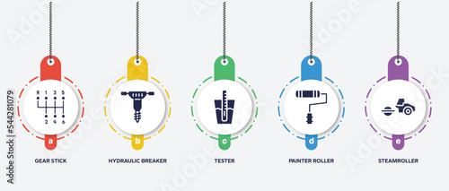 infographic element template with construction filled icons such as gear stick, hydraulic breaker, tester, painter roller, steamroller vector.