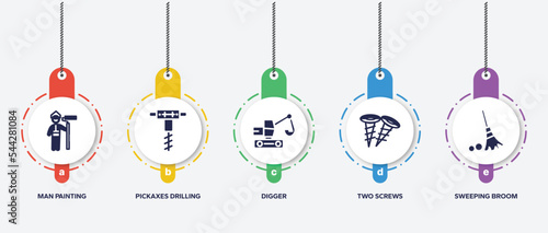 infographic element template with constructicons filled icons such as man painting, pickaxes drilling, digger, two screws, sweeping broom vector.