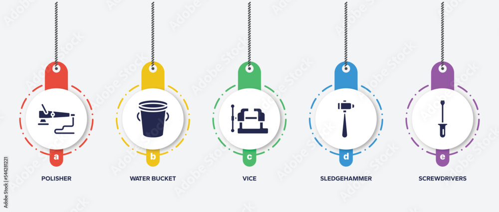 infographic element template with construction filled icons such as polisher, water bucket, vice, sledgehammer, screwdrivers vector. infographic element template with construction filled icons such as polisher, water bucket, vice, sledgehammer, screwdrivers vector.
