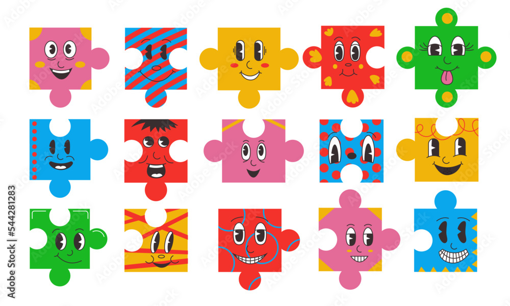 Puzzle characters. Cartoon comic face emotions on jigsaw pieces shapes, abstract cute facial emoji flat doodle design. Vector isolated set Puzzle characters. Cartoon comic face emotions on jigsaw pieces shapes, abstract cute facial emoji flat doodle design. Vector isolated set