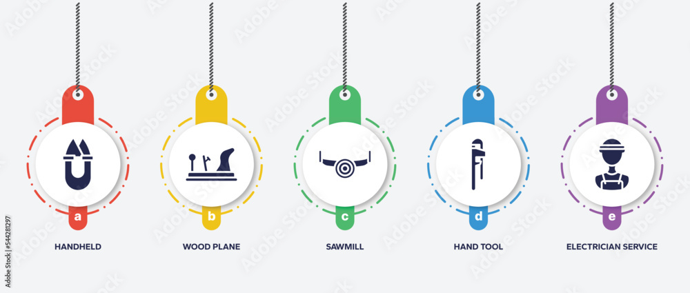 infographic element template with electrician tools filled icons such as handheld, wood plane, sawmill, hand tool, electrician service vector. infographic element template with electrician tools filled icons such as handheld, wood plane, sawmill, hand tool, electrician service vector.