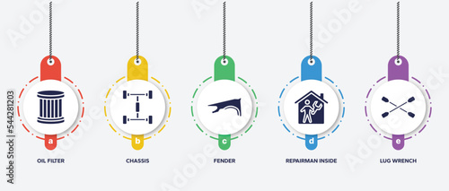 infographic element template with car repair filled icons such as oil filter, chassis, fender, repairman inside a home, lug wrench vector.