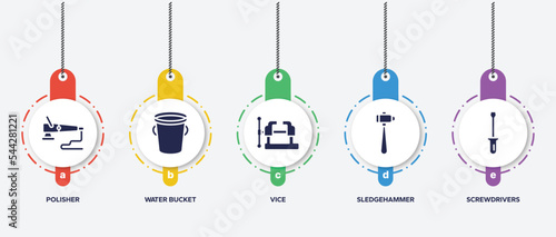 infographic element template with construction filled icons such as polisher, water bucket, vice, sledgehammer, screwdrivers vector.