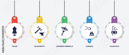 infographic element template with construction filled icons such as tailor, blacksmith, japanese umbrella, furnace, allen keys vector.