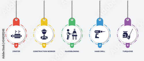 infographic element template with handcraft filled icons such as starter, construction worker, glassblowing, hand drill, turquoise vector.