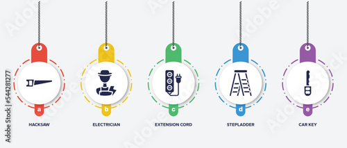 infographic element template with work tools filled icons such as hacksaw, electrician, extension cord, stepladder, car key vector.