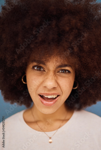 Black woman, afro or confused face on studio background with question, crazy gossip or fake news. Zoom, portrait or thinking model and doubt expression, huh or what facial expression at scam or fraud