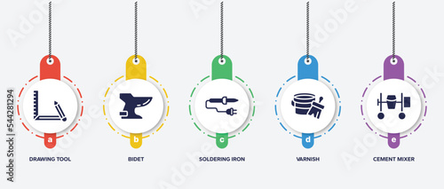 infographic element template with construction filled icons such as drawing tool, bidet, soldering iron, varnish, cement mixer vector.