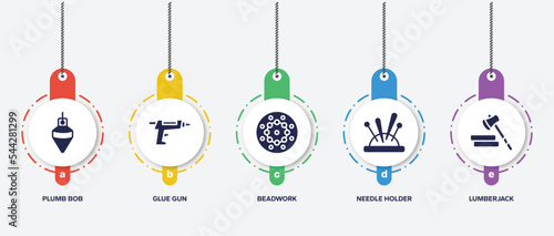 infographic element template with mining and crafting filled icons such as plumb bob, glue gun, beadwork, needle holder, lumberjack vector.