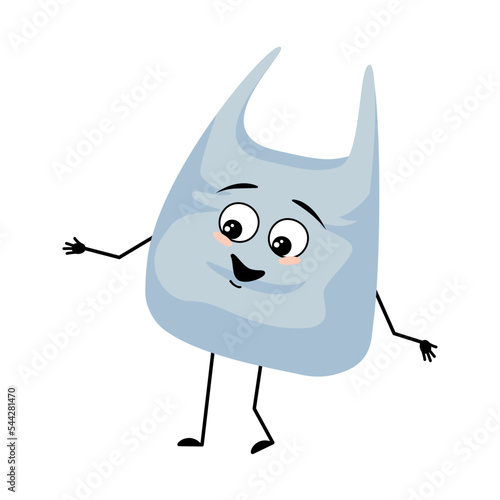 Cute character package with happy emotions, joyful face, smile eyes, arms and legs. plastic bag with funny face. Vector flat illustration