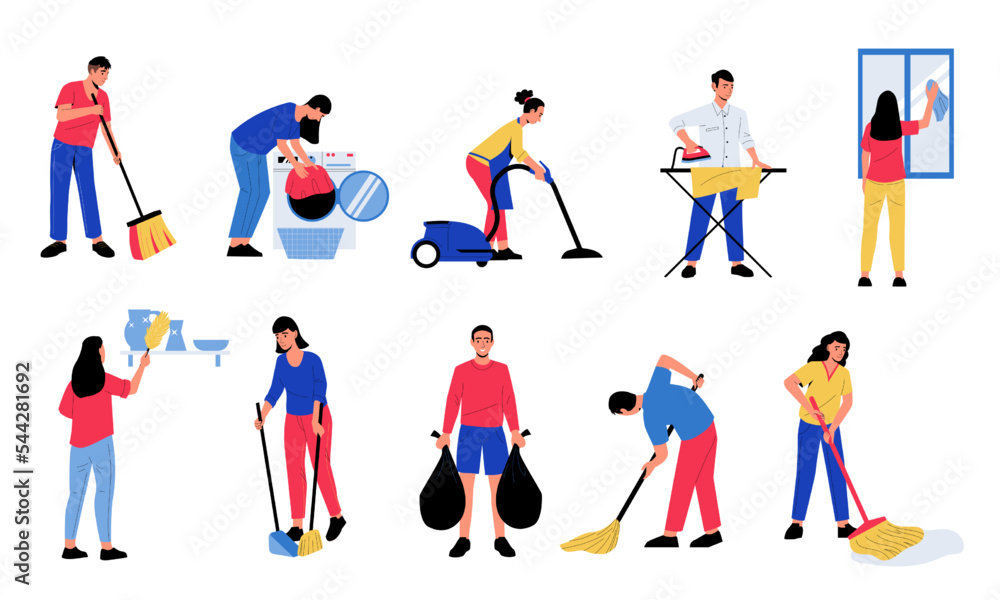 People cleaning up. Cartoon abstract characters doing housework ironing washing window, vacuuming, making bed. Vector housekeeping set
