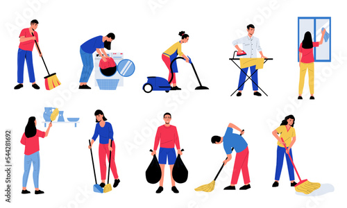 People cleaning up. Cartoon abstract characters doing housework ironing washing window, vacuuming, making bed. Vector housekeeping set