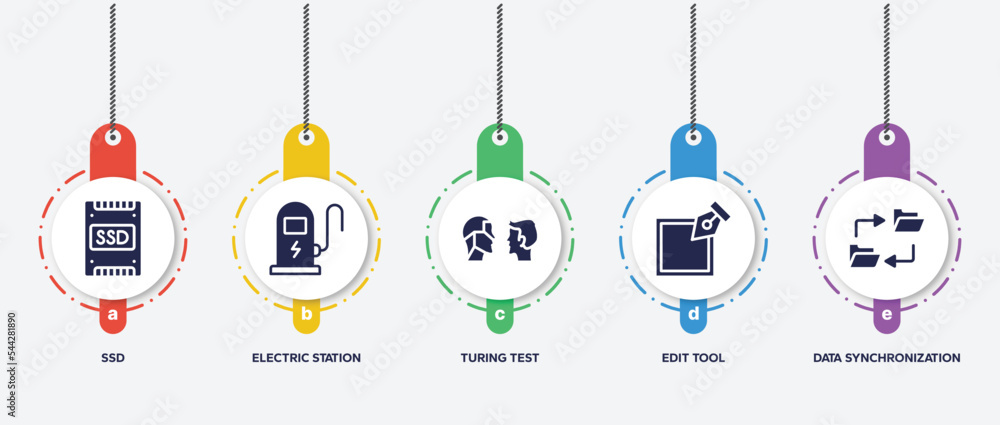infographic element template with computer functions filled icons such as ssd, electric station, turing test, edit tool, data synchronization vector. infographic element template with computer functions filled icons such as ssd, electric station, turing test, edit tool, data synchronization vector.
