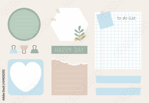 Cute memo template. A collection of striped notes, blank notebooks, and torn notes used in a diary or office. Various Paper notes on stickers. to do list, planner, schedule. Vector stock illustration.