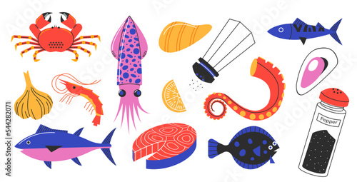Doodle seafood animals. Cartoon oyster crayfish octopus lobster tuna shellfish products for restaurant menu fish market banner design. Vector isolated set