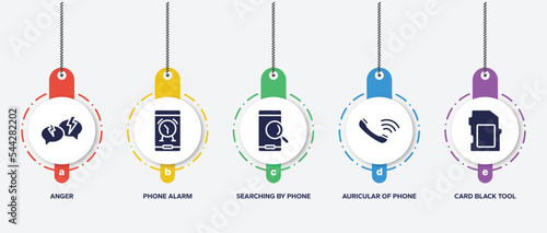 infographic element template with phoneset filled icons such as anger, phone alarm, searching by phone, auricular of phone, card black tool shape vector. photo