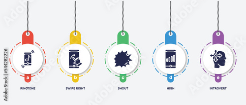 infographic element template with mobile functions filled icons such as ringtone, swipe right, shout, high, introvert vector.