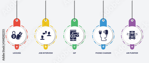 infographic element template with electronic device filled icons such as locking, job interview, gif, phone charger, air purifier vector.