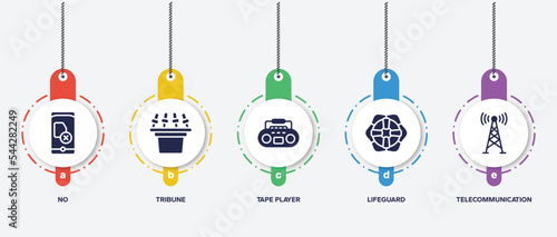 infographic element template with media technology filled icons such as no, tribune, tape player, lifeguard, telecommunication vector.