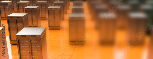 Server room. Server data center. Backup, mining, hosting, mainframe, farm and computer rack with storage information. 3d rendering