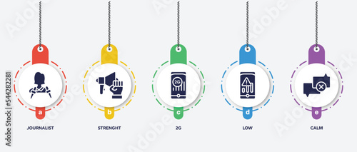 infographic element template with chat filled icons such as journalist, strenght, 2g, low, calm vector.