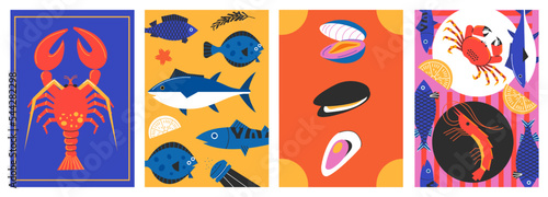 Seafood minimalistic poster. Abstract cartoon fish shellfish elements for restaurant menu background design, trendy simple banners. Vector collection