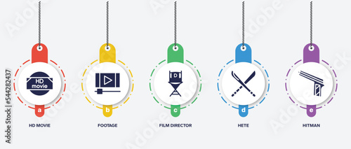 infographic element template with cinema filled icons such as hd movie, footage, film director, hete, hitman vector.