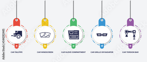 infographic element template with car parts filled icons such as car tailpipe, car windscreen, glove compartment, grille or radiator grille, torsion bar vector.