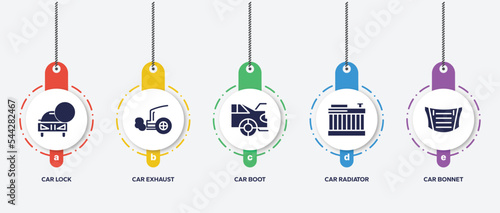 infographic element template with car parts filled icons such as car lock, car exhaust, boot, radiator, bonnet vector.