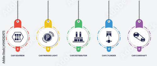 infographic element template with car parts filled icons such as car gearbox, car parking light, distributor cap, cylinder, camshaft vector.