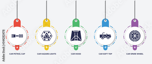 infographic element template with car parts filled icons such as car petrol cap, car hazard lights, hood, soft top, spare wheel vector.