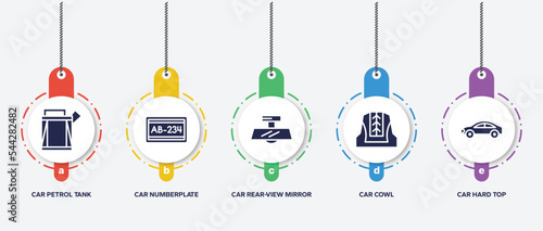 infographic element template with car parts filled icons such as car petrol tank, car numberplate, rear-view mirror, cowl, hard top vector.