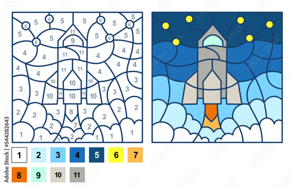 Vector coloring page, Puzzle game, Color by number rocket, shuttle