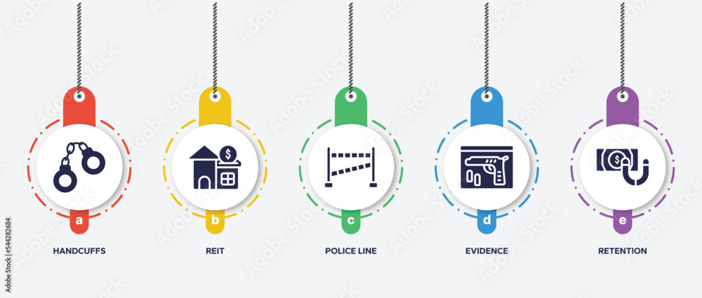 infographic element template with investing filled icons such as handcuffs, reit, police line, evidence, retention vector. infographic element template with investing filled icons such as handcuffs, reit, police line, evidence, retention vector.