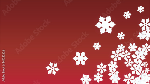 Christmas  Vector Background with Falling Snowflakes. Isolated on Red Background. Realistic Snow Sparkle Pattern. Snowfall Overlay Print. Winter Sky. Papercut Snowflakes.