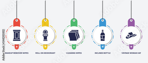infographic element template with beautiful filled icons such as makeup remover wipes, roll on deodorant, cleaning wipes, inclined bottle, vintage woman hat vector.