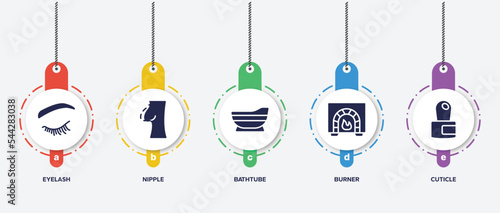infographic element template with make up filled icons such as eyelash, nipple, bathtube, burner, cuticle vector.