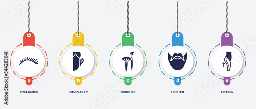 infographic element template with plastic surgery filled icons such as eyelashes, otoplasty, brushes, hipster, lifting vector.