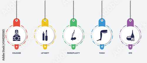 infographic element template with hairdressing and esthetics filled icons such as cologne, lip matt, rhinoplasty, thigh, dye vector.