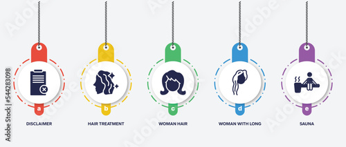 infographic element template with hair salon filled icons such as disclaimer, hair treatment, woman hair, woman with long sauna vector.