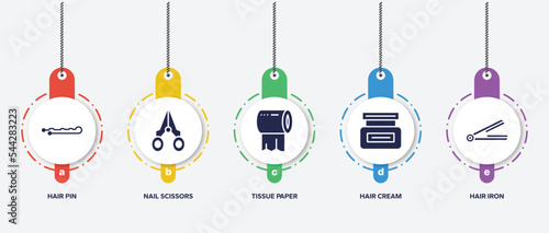 infographic element template with beauty & cosmetics filled icons such as hair pin, nail scissors, tissue paper, hair cream, hair iron vector.