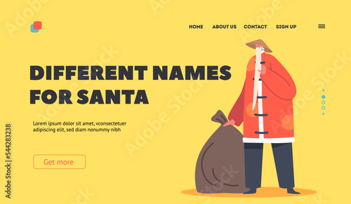 Asian Santa Landing Page Template. Chinese Claus in Red Traditional Oriental Costume and Straw Hat Carry Sack with Gifts