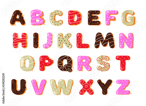 Donut alphabet. Cartoon sweet candy bakery font for logo design, creative funny doughnut ABC typeface uppercase letters. Vector colorful set
