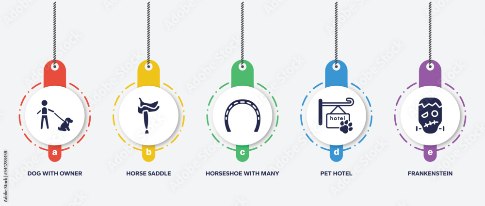 infographic element template with halloween filled icons such as dog with owner, horse saddle, horseshoe with many holes, pet hotel, frankenstein vector. infographic element template with halloween filled icons such as dog with owner, horse saddle, horseshoe with many holes, pet hotel, frankenstein vector.